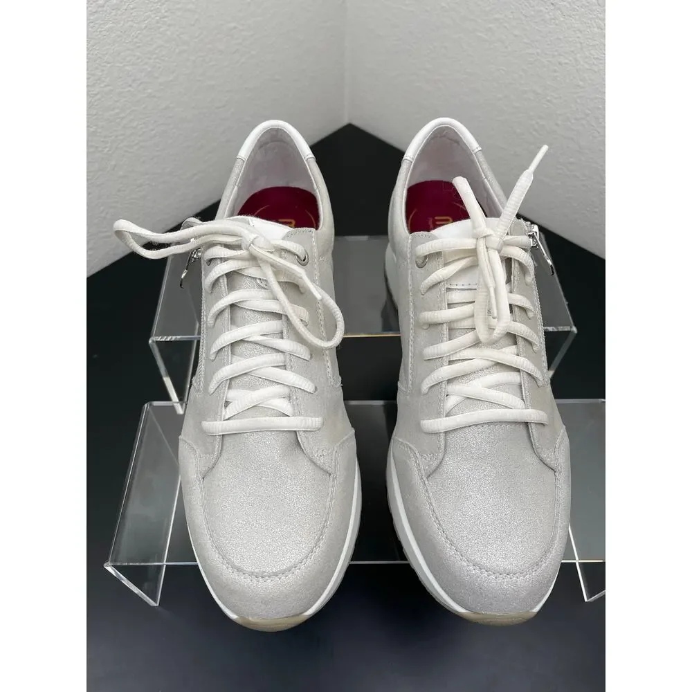 Munro Sutton Women Silver Leather Comfort Sneakers Side Zip Lace Up Shoes 11M